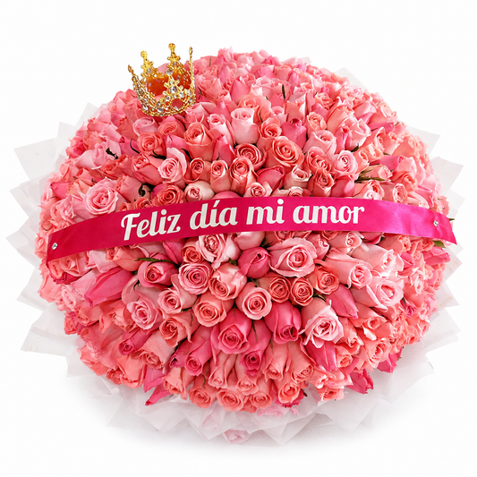 Ramo Buchón 200 Rosas Rosas con Coronita Decorativa
